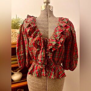 Vintage Plaid V Tie Front Blouse Shirt Cinch Ruffle Waist 3/4 Sleeves Small